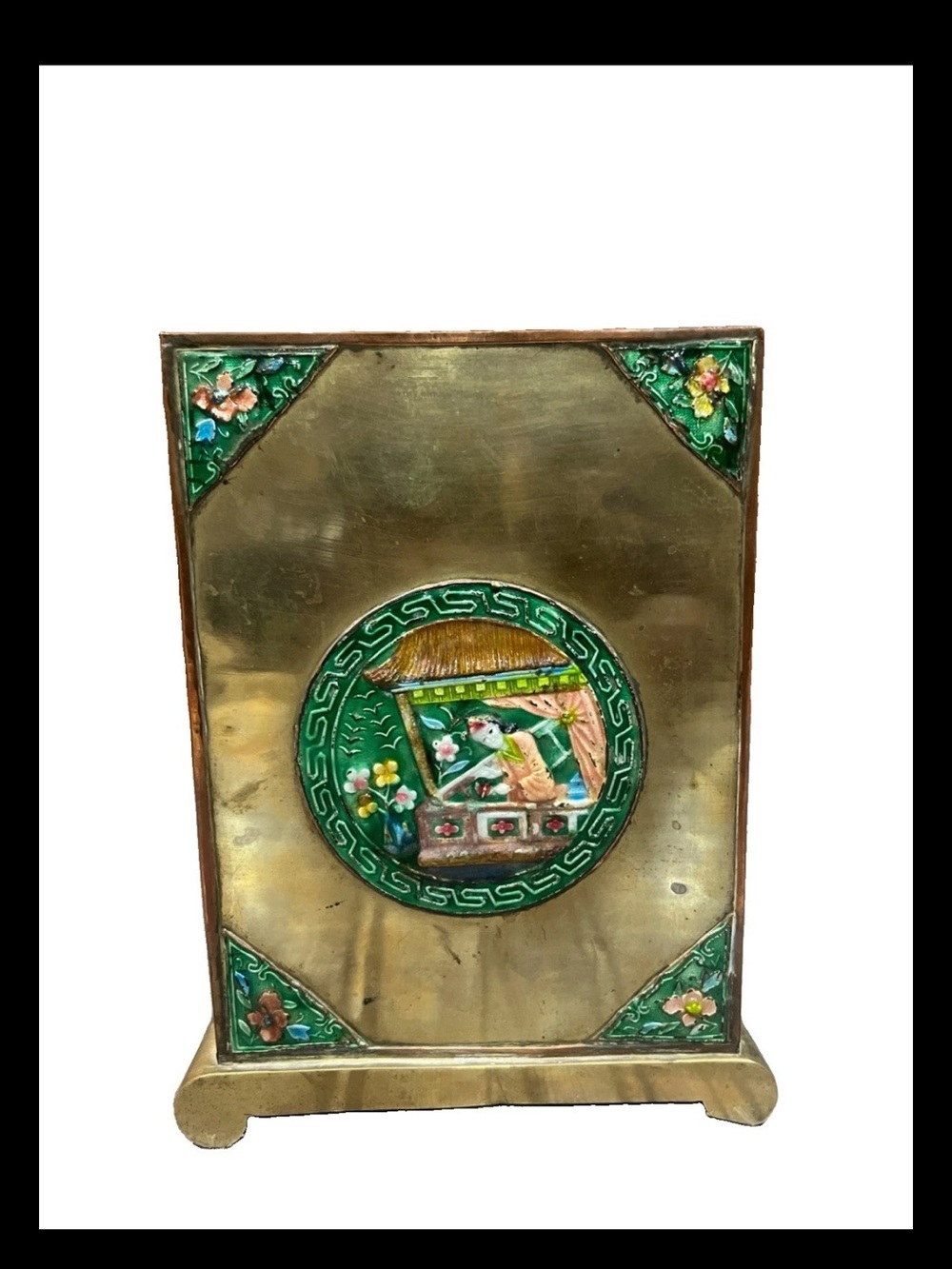 Vintage Chinese Brass Chopsticks Box Container Holder Cloisonné painted Enamel